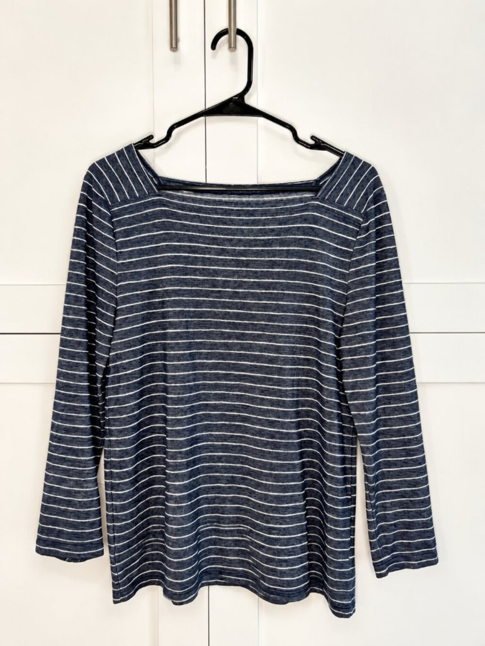 LOFT | Navy Blue White Striped Square Neck Long Sleeve Top – Size Medium